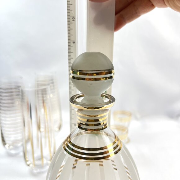 Frosted Vintage Glass Decanter Set Gold Striped with Stopper & 3 Stemmed Glasses - Picture 8 of 11